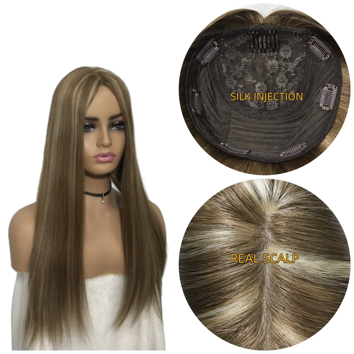 Human Natural Hairpiece 100% Silk Injection Jewish Hair Topper