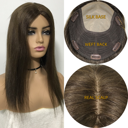 NATURAL  SCALP WEFT BACK TOP  SILK BASE HUMAN HAIR TOPPER