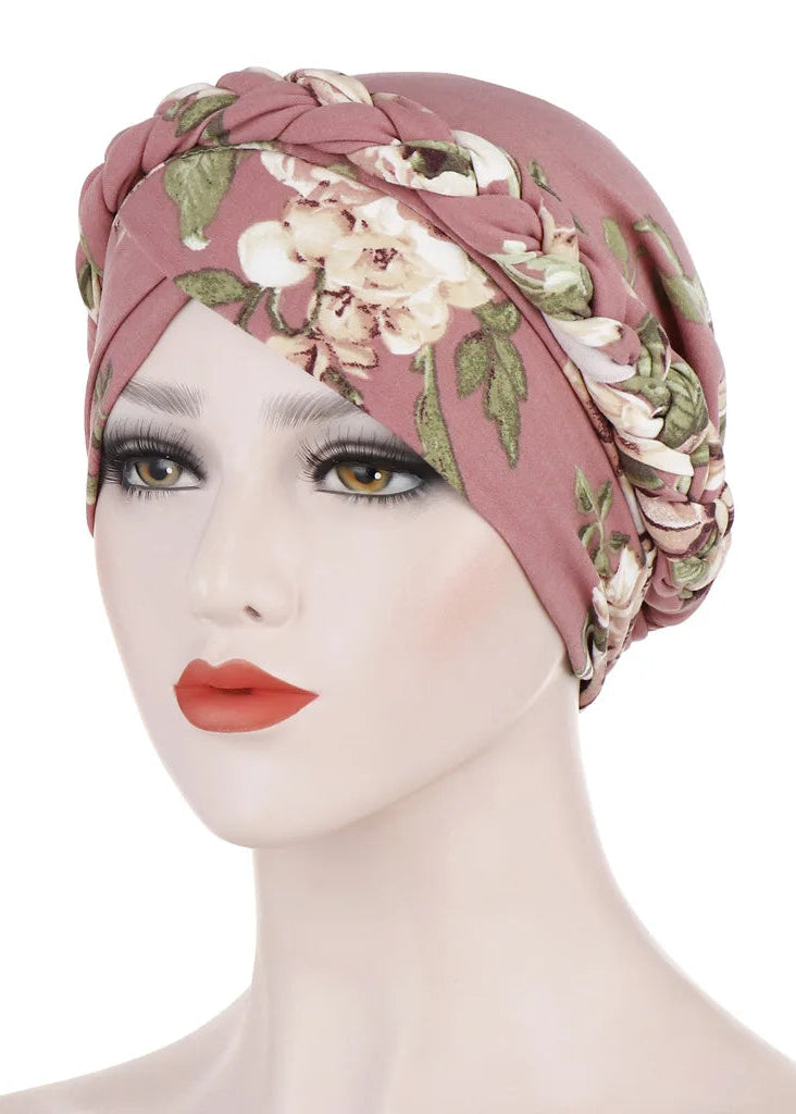Women's Twisted Braid Design Turban Silky Print Muslim Polyester Headwrap Cancer Chemo Skull Beanie Head Scarf  Bandana Bonnet