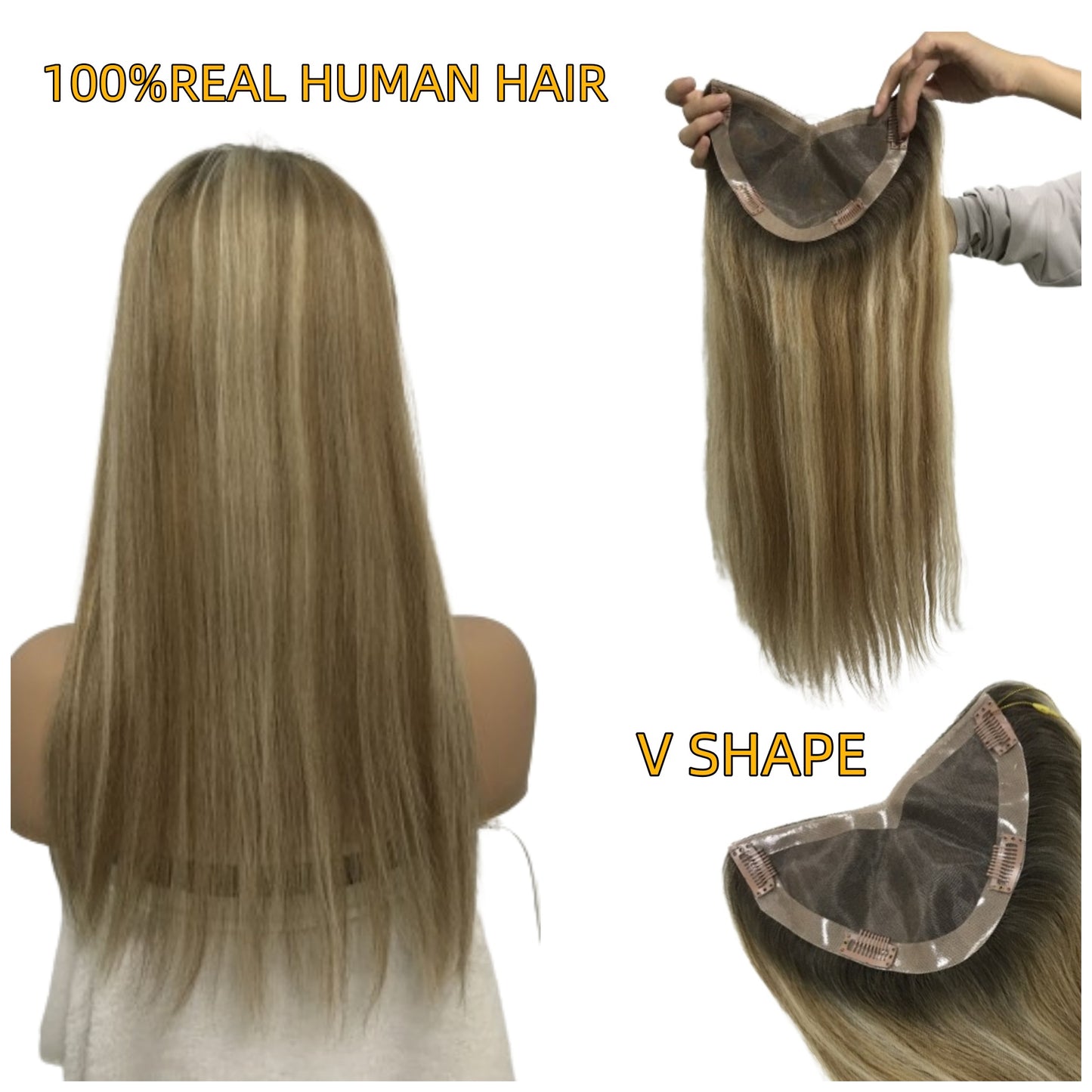 4*7  HUMAN HAIR PIECE CLIP IN  V SHAPE MONO BASE TOPPER