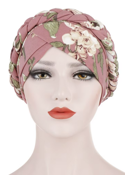Women's Twisted Braid Design Turban Silky Print Muslim Polyester Headwrap Cancer Chemo Skull Beanie Head Scarf  Bandana Bonnet
