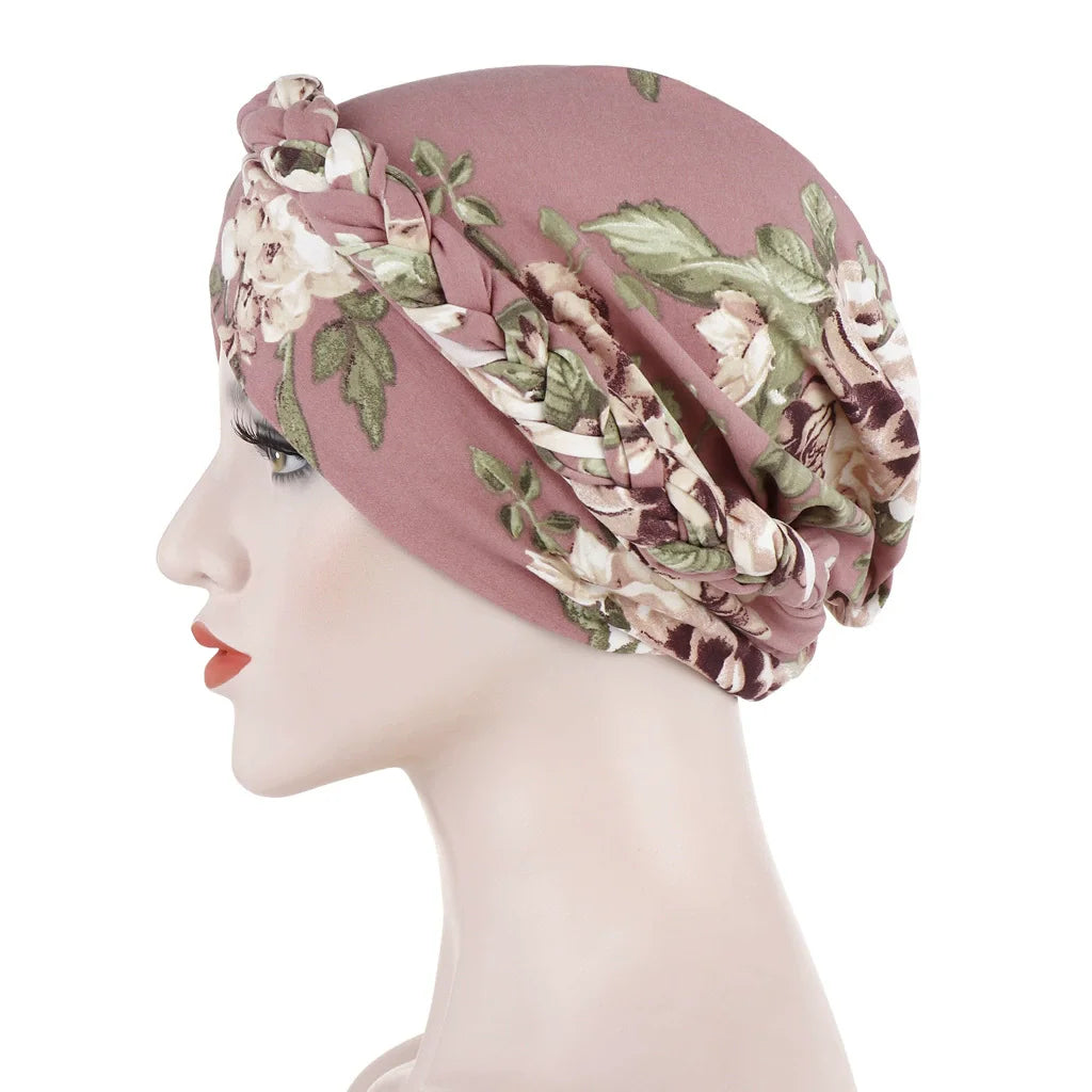 Women's Twisted Braid Design Turban Silky Print Muslim Polyester Headwrap Cancer Chemo Skull Beanie Head Scarf  Bandana Bonnet
