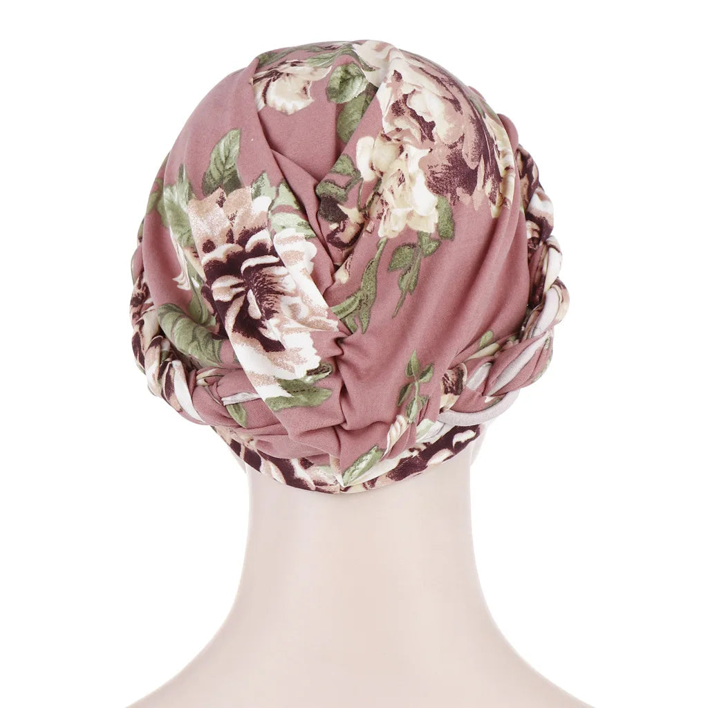Women's Twisted Braid Design Turban Silky Print Muslim Polyester Headwrap Cancer Chemo Skull Beanie Head Scarf  Bandana Bonnet
