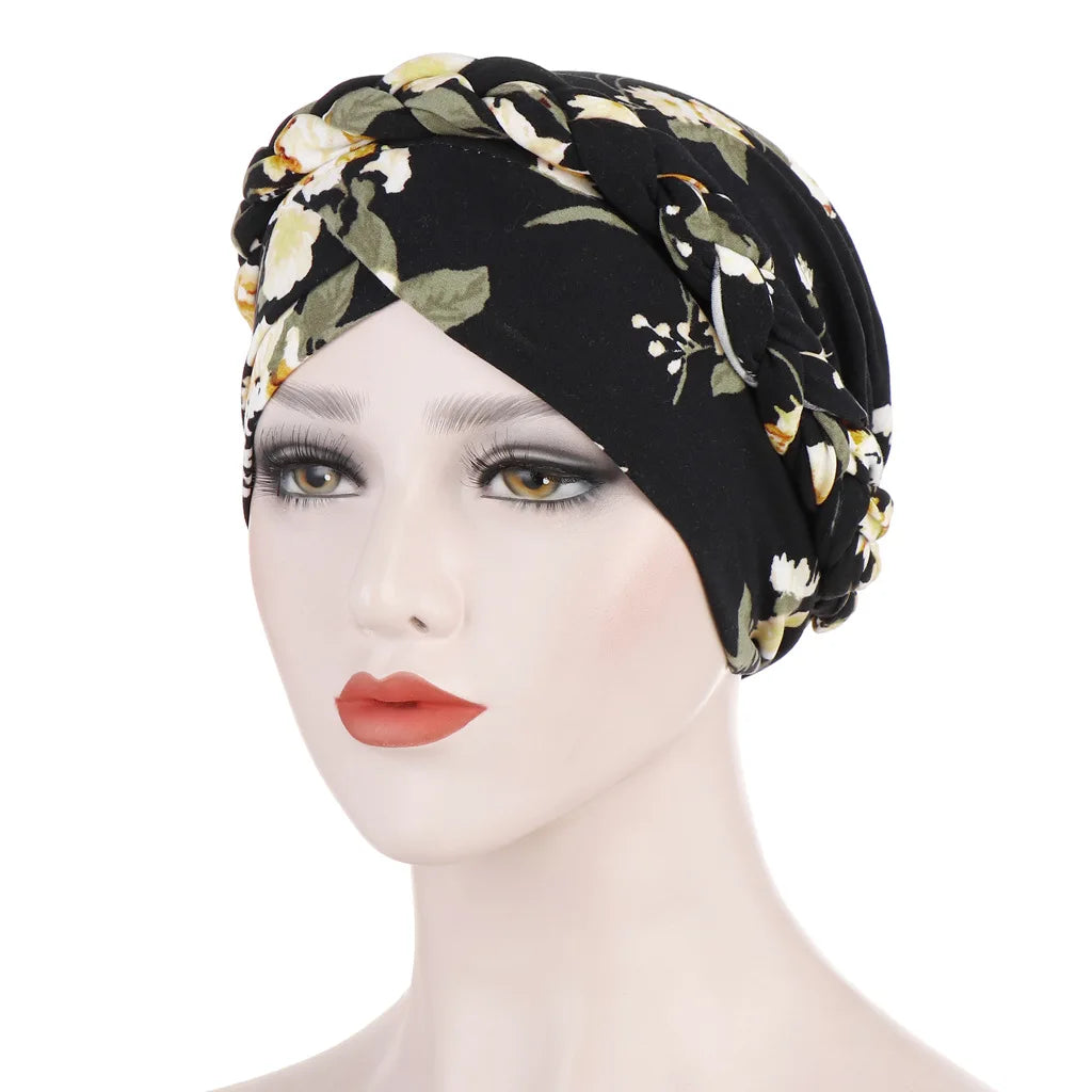 Women's Twisted Braid Design Turban Silky Print Muslim Polyester Headwrap Cancer Chemo Skull Beanie Head Scarf  Bandana Bonnet