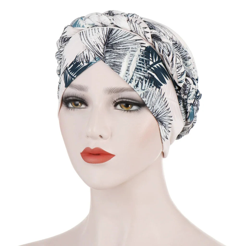 Women's Twisted Braid Design Turban Silky Print Muslim Polyester Headwrap Cancer Chemo Skull Beanie Head Scarf  Bandana Bonnet
