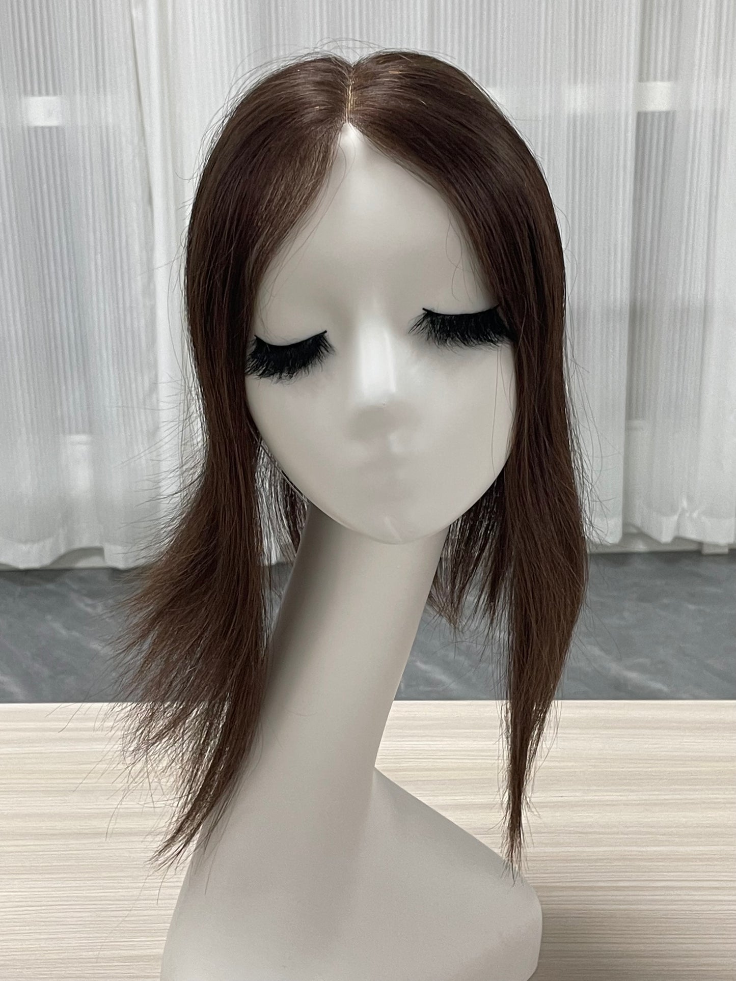 Lace Hair Line Topper  12" #4 Brown Human Hair TENLON-AA 80% Density Clip In For Thinning Crown