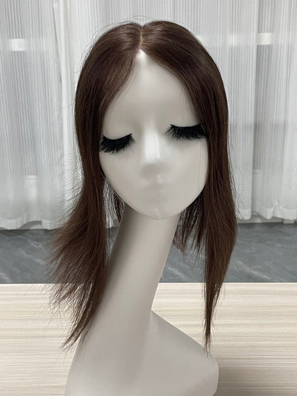 Lace Hair Line Topper  12" #4 Brown Human Hair TENLON-AA 80% Density Clip In For Thinning Crown