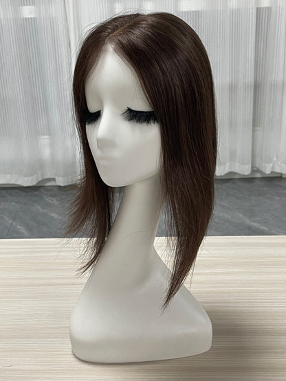 Lace Hair Line Topper  12" #4 Brown Human Hair TENLON-AA 80% Density Clip In For Thinning Crown