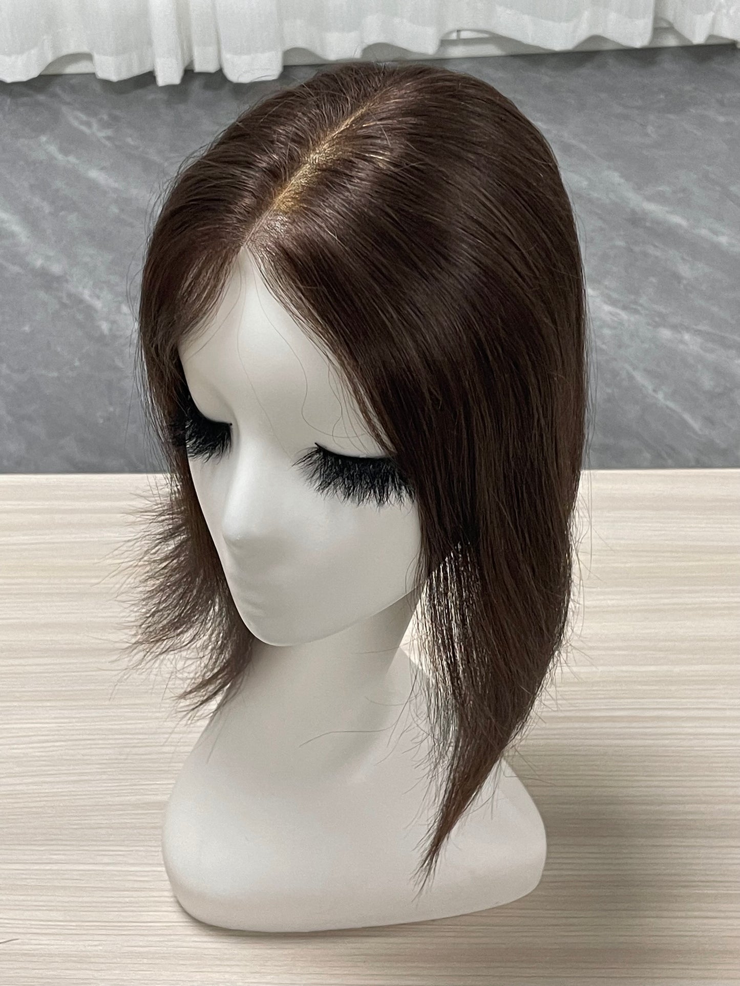 Lace Hair Line Topper  12" #4 Brown Human Hair TENLON-AA 80% Density Clip In For Thinning Crown