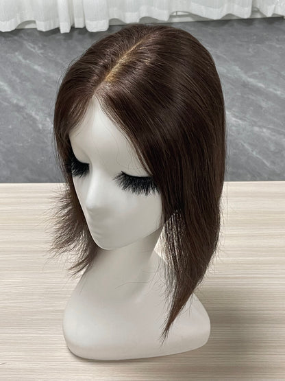 Lace Hair Line Topper  12" #4 Brown Human Hair TENLON-AA 80% Density Clip In For Thinning Crown