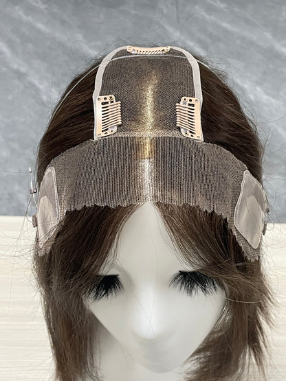 Lace Hair Line Topper  12" #4 Brown Human Hair TENLON-AA 80% Density Clip In For Thinning Crown