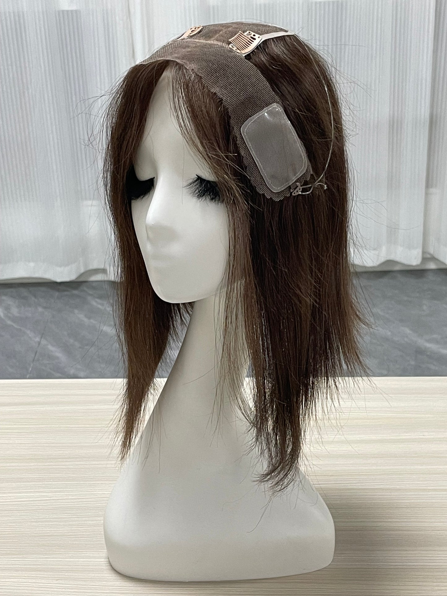 Lace Hair Line Topper  12" #4 Brown Human Hair TENLON-AA 80% Density Clip In For Thinning Crown
