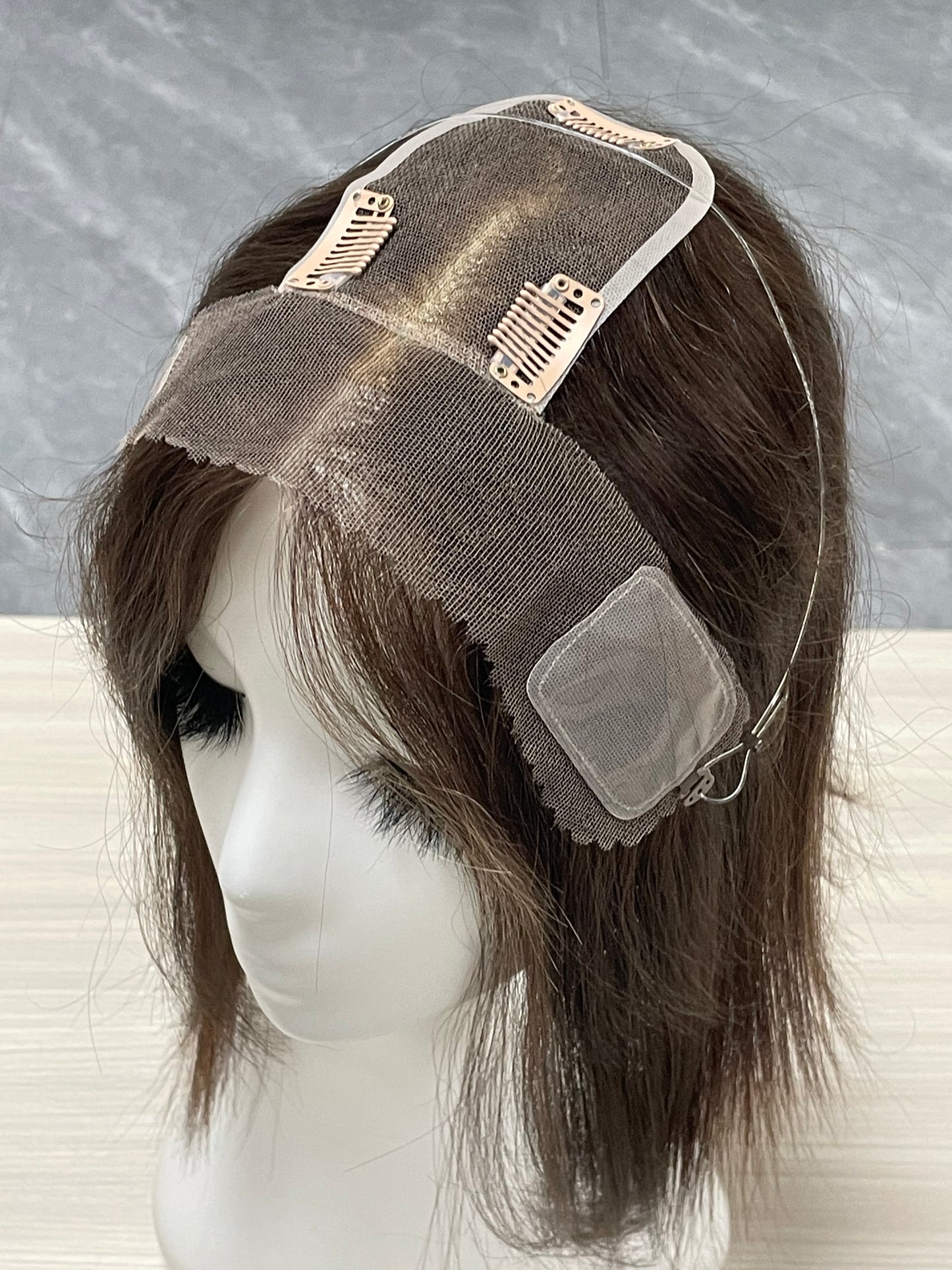 Lace Hair Line Topper  12" #4 Brown Human Hair TENLON-AA 80% Density Clip In For Thinning Crown
