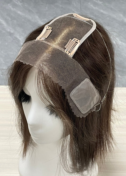 Lace Hair Line Topper  12" #4 Brown Human Hair TENLON-AA 80% Density Clip In For Thinning Crown