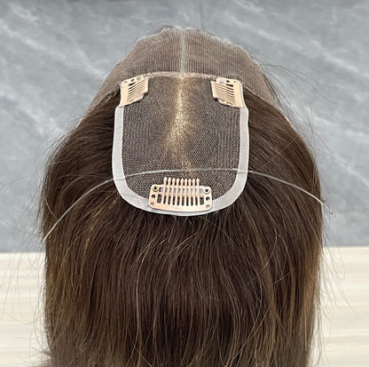Lace Hair Line Topper  12" #4 Brown Human Hair TENLON-AA 80% Density Clip In For Thinning Crown