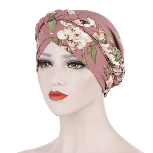 Women's Twisted Braid Design Turban Silky Print Muslim Polyester Headwrap Cancer Chemo Skull Beanie Head Scarf  Bandana Bonnet