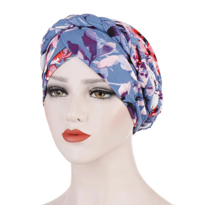 Women's Twisted Braid Design Turban Silky Print Muslim Polyester Headwrap Cancer Chemo Skull Beanie Head Scarf  Bandana Bonnet