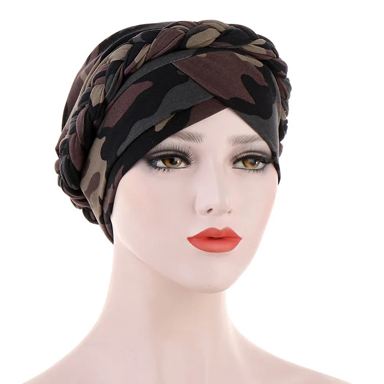 Women's Twisted Braid Design Turban Silky Print Muslim Polyester Headwrap Cancer Chemo Skull Beanie Head Scarf  Bandana Bonnet