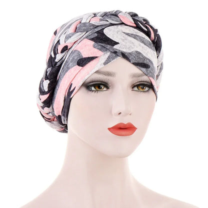 Women's Twisted Braid Design Turban Silky Print Muslim Polyester Headwrap Cancer Chemo Skull Beanie Head Scarf  Bandana Bonnet