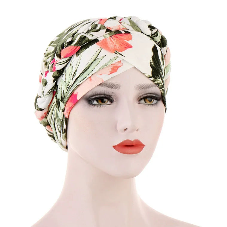 Women's Twisted Braid Design Turban Silky Print Muslim Polyester Headwrap Cancer Chemo Skull Beanie Head Scarf  Bandana Bonnet