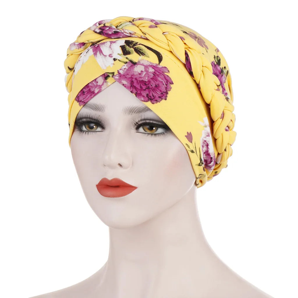 Women's Twisted Braid Design Turban Silky Print Muslim Polyester Headwrap Cancer Chemo Skull Beanie Head Scarf  Bandana Bonnet