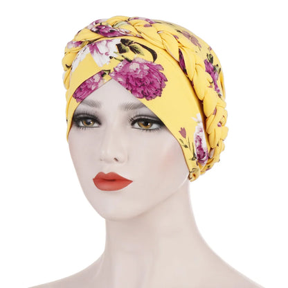 Women's Twisted Braid Design Turban Silky Print Muslim Polyester Headwrap Cancer Chemo Skull Beanie Head Scarf  Bandana Bonnet