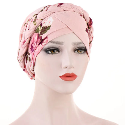 Women's Twisted Braid Design Turban Silky Print Muslim Polyester Headwrap Cancer Chemo Skull Beanie Head Scarf  Bandana Bonnet